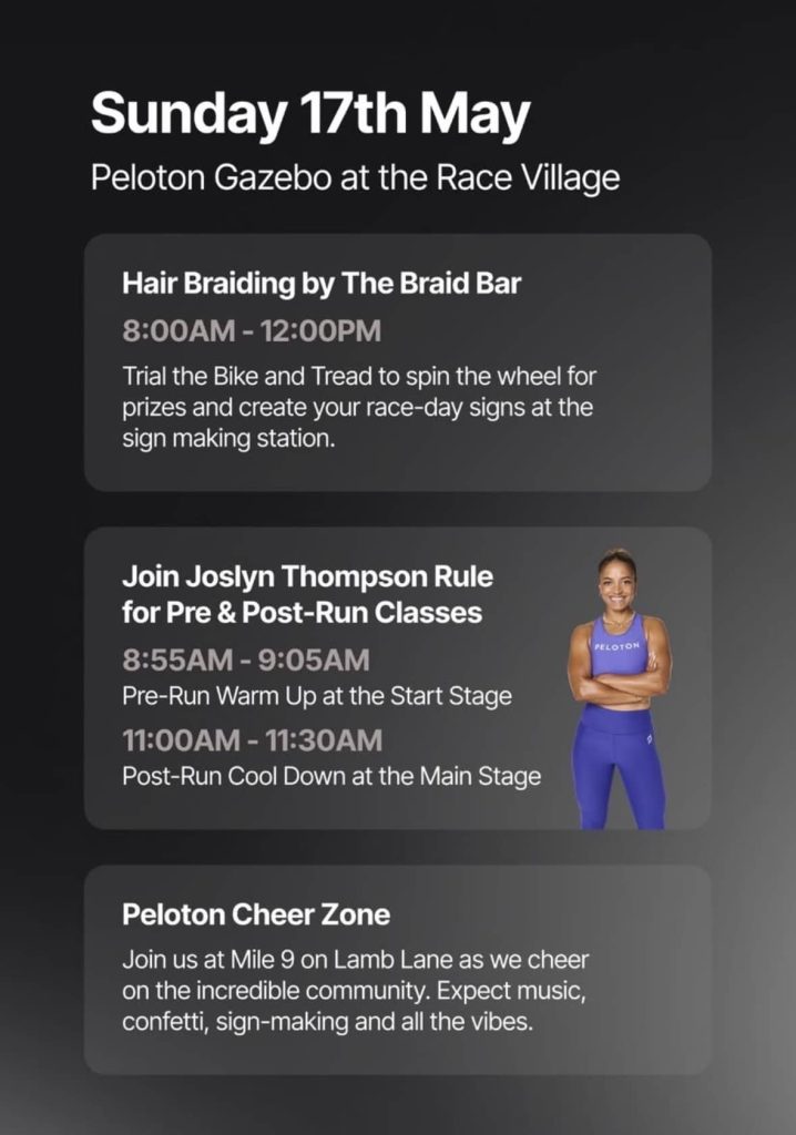 Peloton HOKA Hackney Half Race Village schedule for Sunday May 17 showing Joslyn Thompson Rule warm-up and cool-down class times and Peloton Cheer Zone details