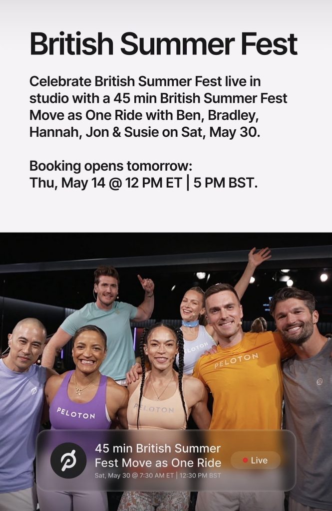 Peloton British Summer Fest - announcement for booking