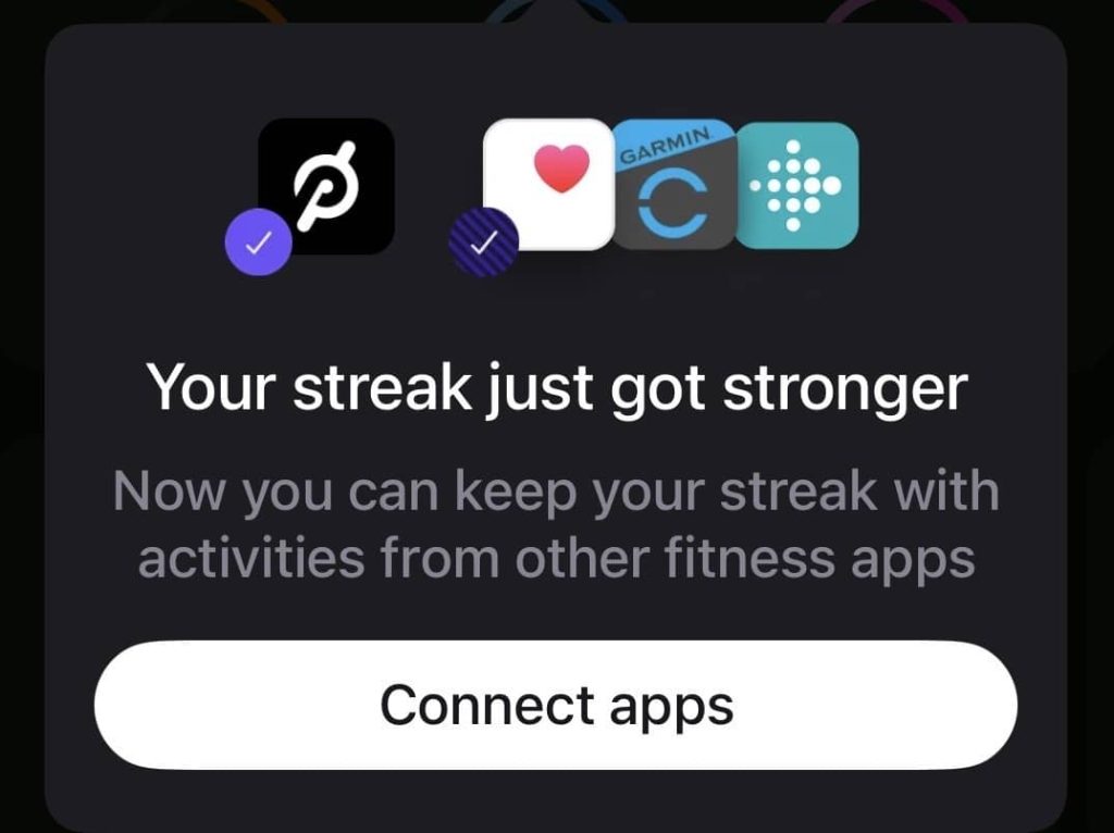 Peloton streak splash screen reading Your streak just got stronger with icons for Apple Health Garmin Connect and Fitbit