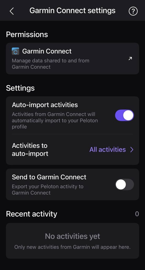Peloton app Garmin Connect settings screen showing auto-import activities toggle and option to send Peloton workouts to Garmin Connect
