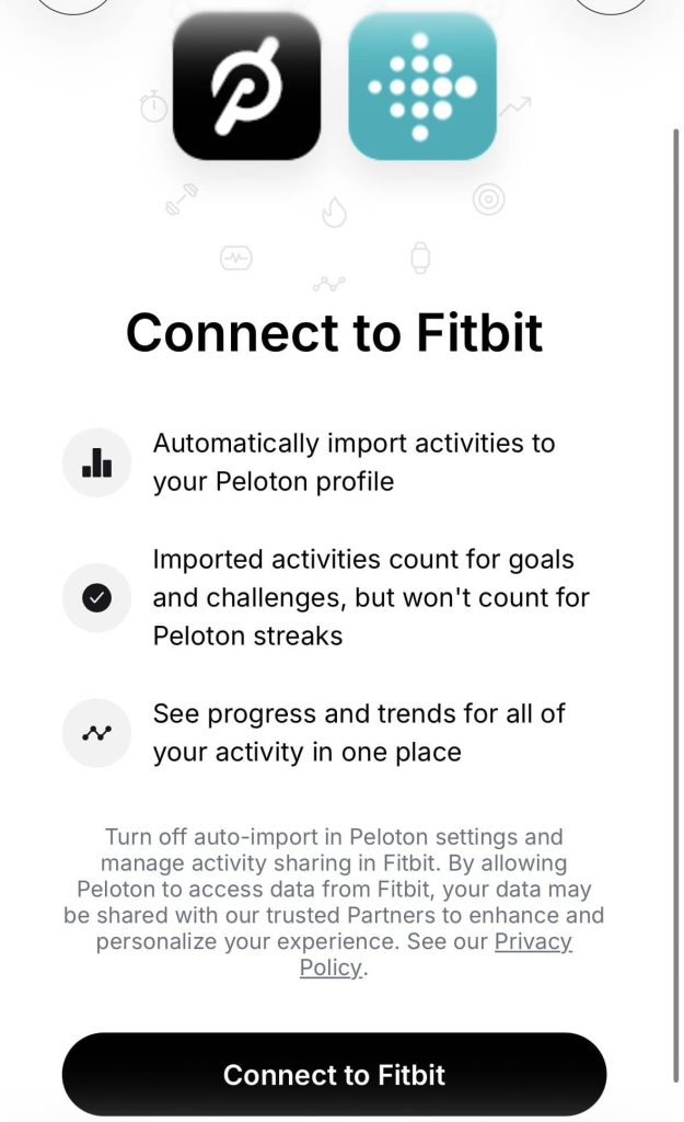  Peloton Connect to Fitbit screen showing options to automatically import Fitbit activities to your Peloton profile and track progress across connected fitness apps