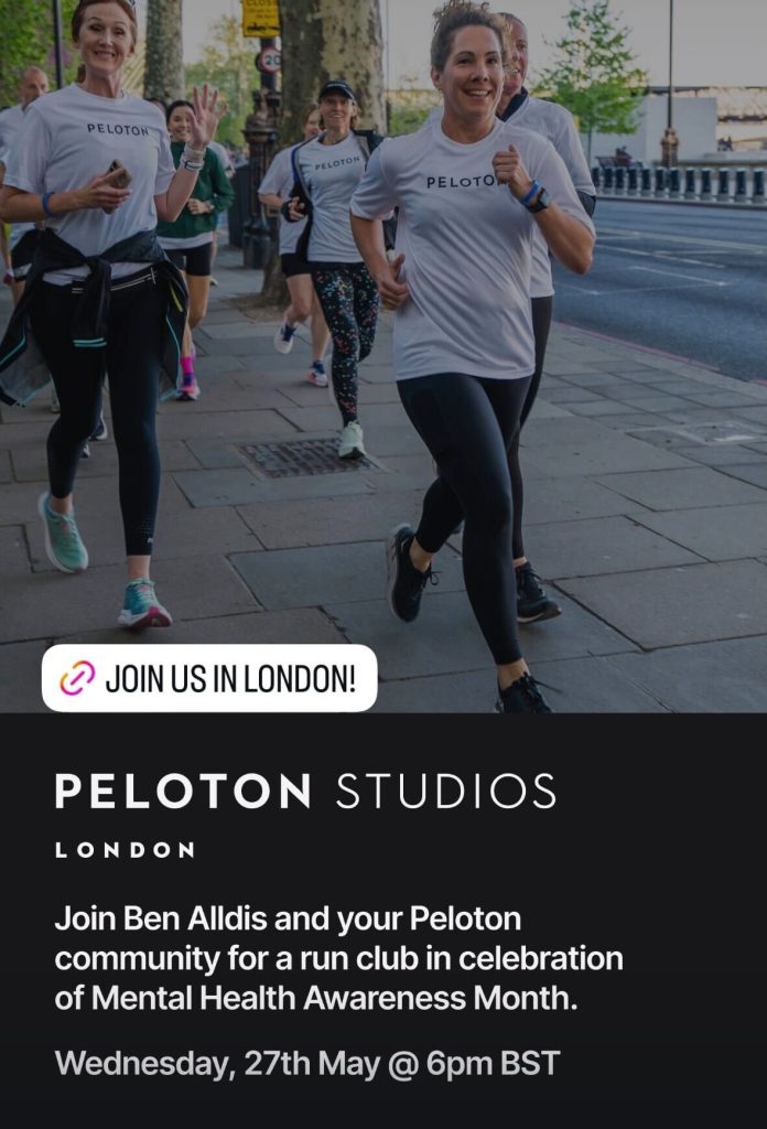 Peloton Studios London Run Club announcement of event