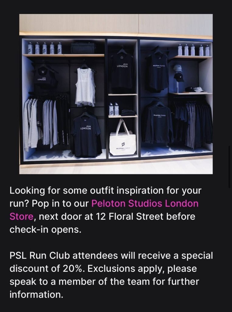 Peloton Studios London Run club Store apparel display featuring branded London shirts, tanks, hats, and accessories at 12 Floral Street