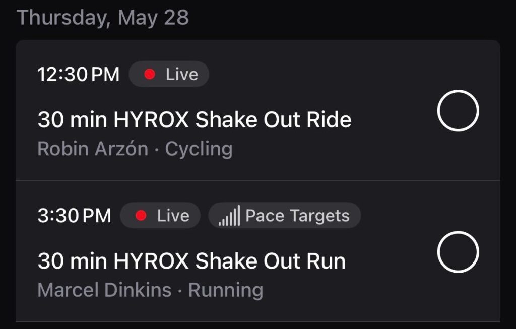 Peloton HYROX Shake out classes