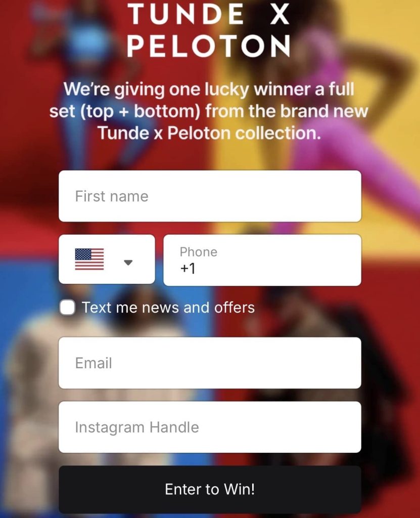Tunde Oyeneyin collection sweepstakes entry page for the Tunde x Peloton apparel line