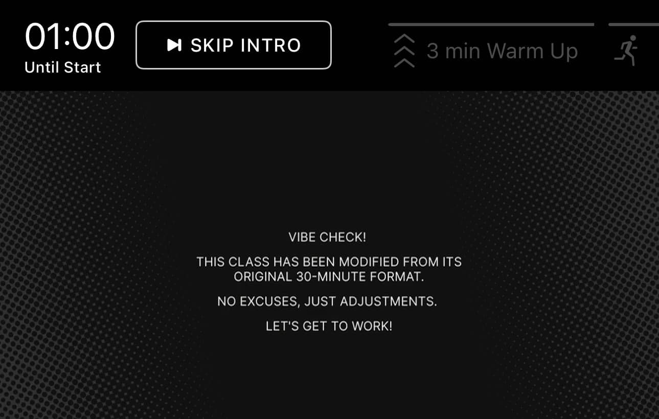 Peloton class disclaimer screen stating the Lil Jon run was modified from its original 30-minute format due to Peloton music licensing