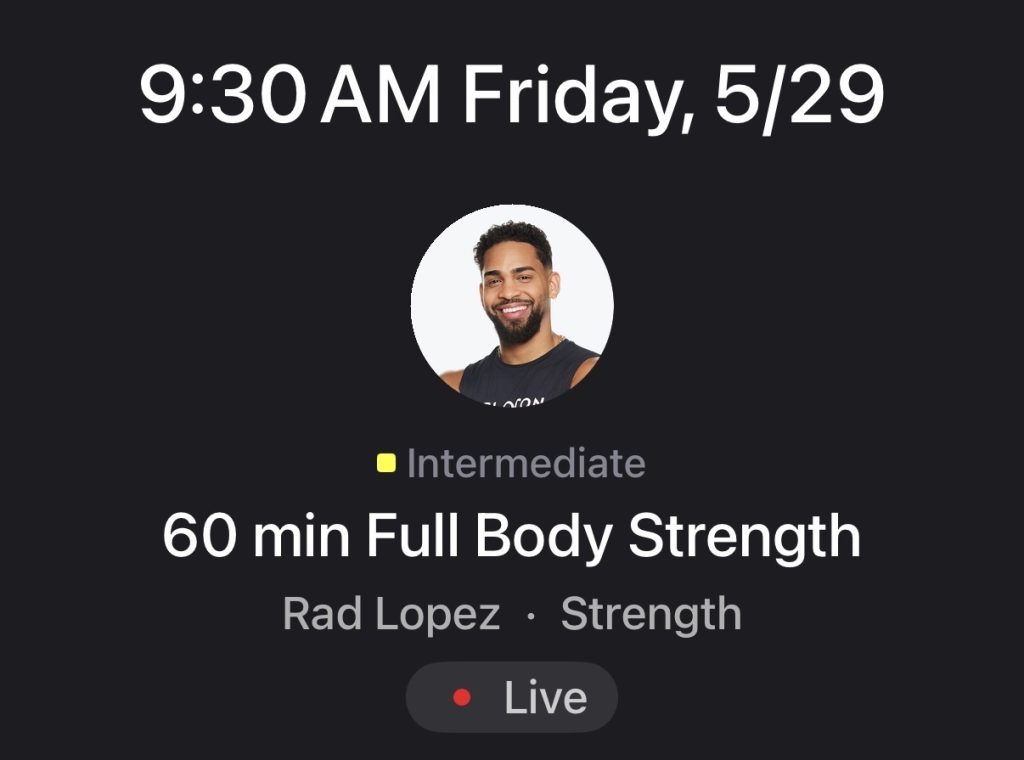 Rad Lopez strength class scheduled live on Peloton for 9:30 AM ET Friday May 29, 60-minute Full Body Strength, intermediate level