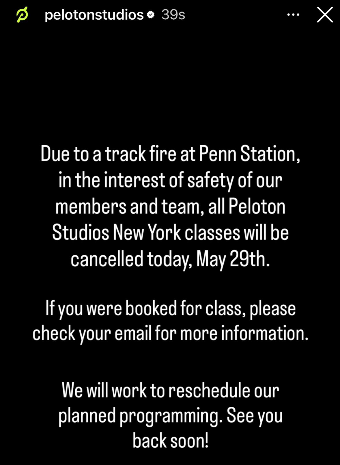 Peloton Studio New York Statement classes canceled May 29th
