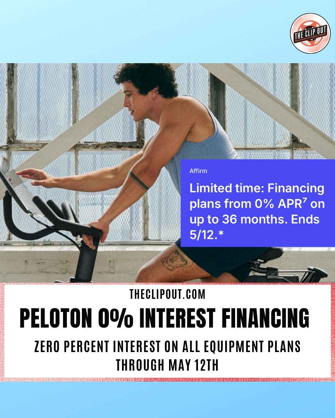 Peloton Bike displayed with 0% interest financing promotional offer available through May 12 2026