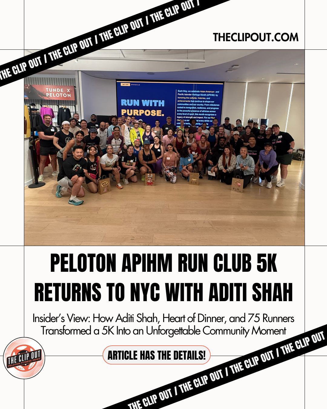 Peloton APIHM Run Club article with a group photo of participants in studio before the run