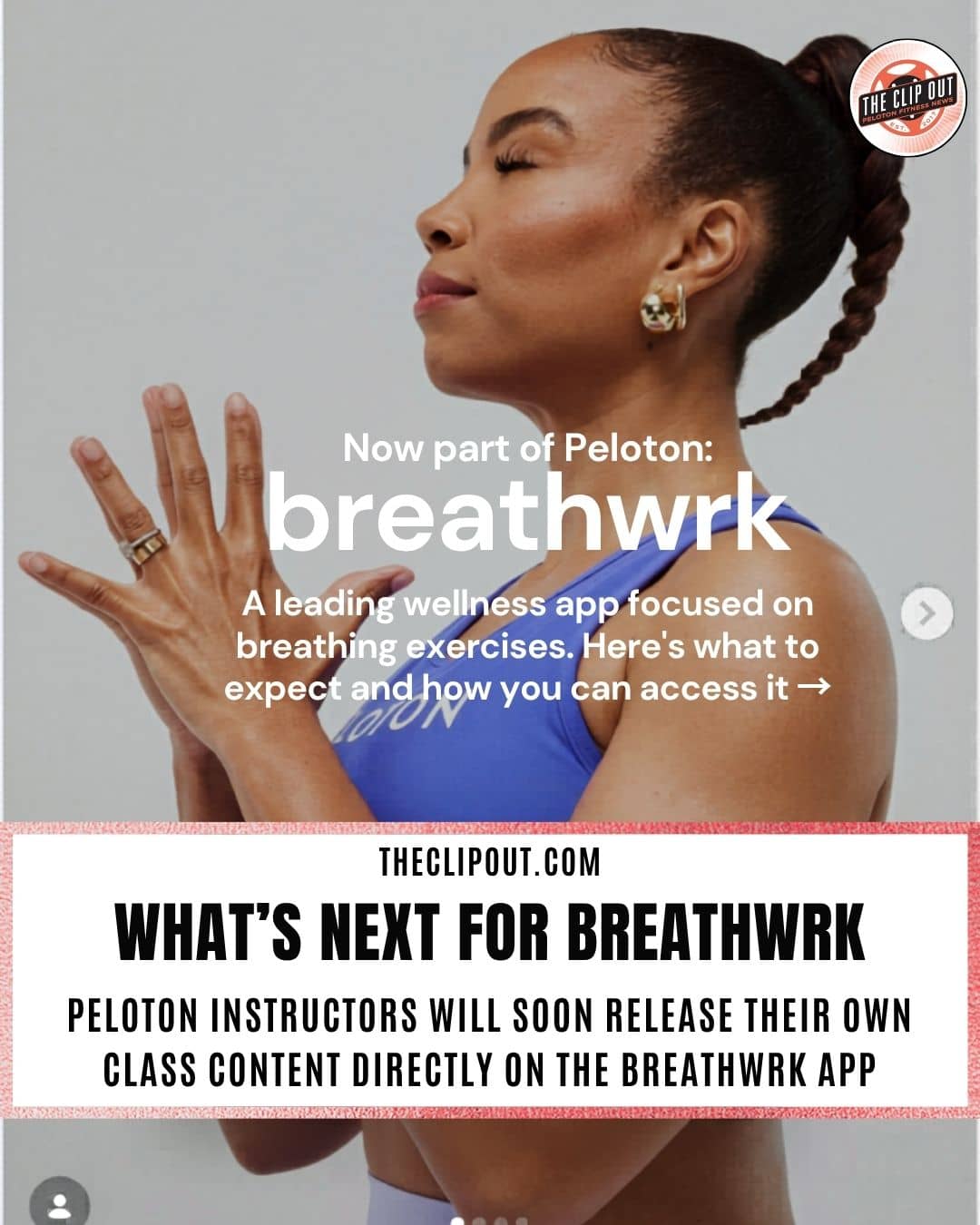Peloton Breathwrk app announcement showing instructor content coming soon for Peloton members