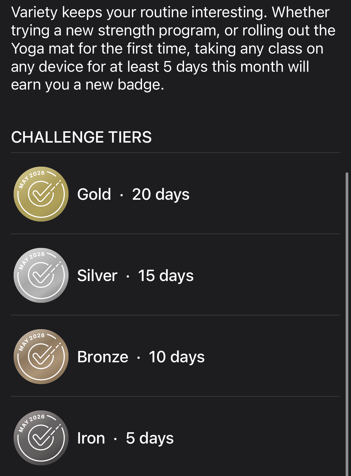 Peloton monthly challenge tiers for May 2026 showing Iron, Bronze, Silver, and Gold badge levels. The new tier can help people accumulate Club Peloton points a little easier as well.
