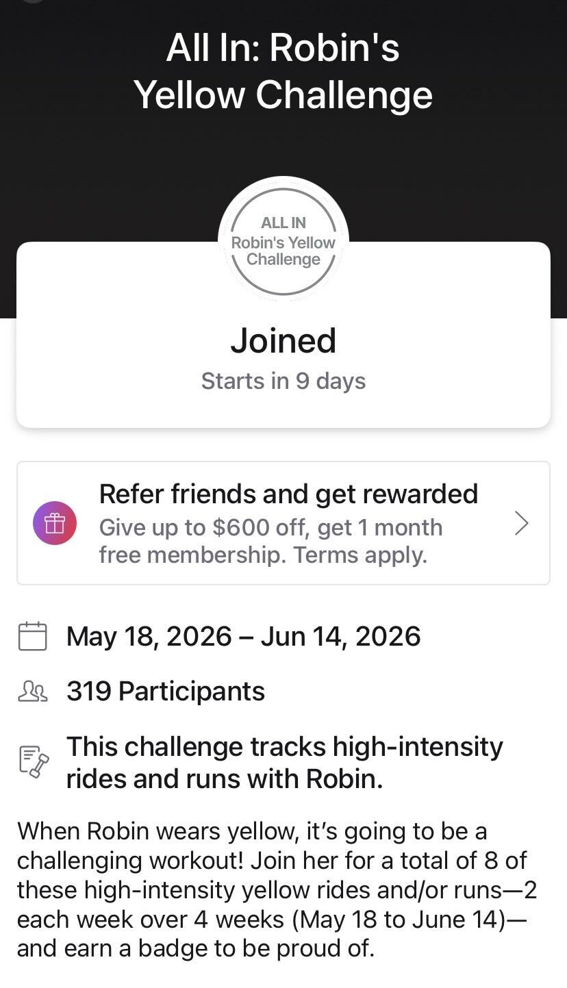 Screenshot of the All In: Robin's Yellow Challenge badge and app details showing the May 18 to June 14 2026 challenge window for Robin's Yellow Challenge