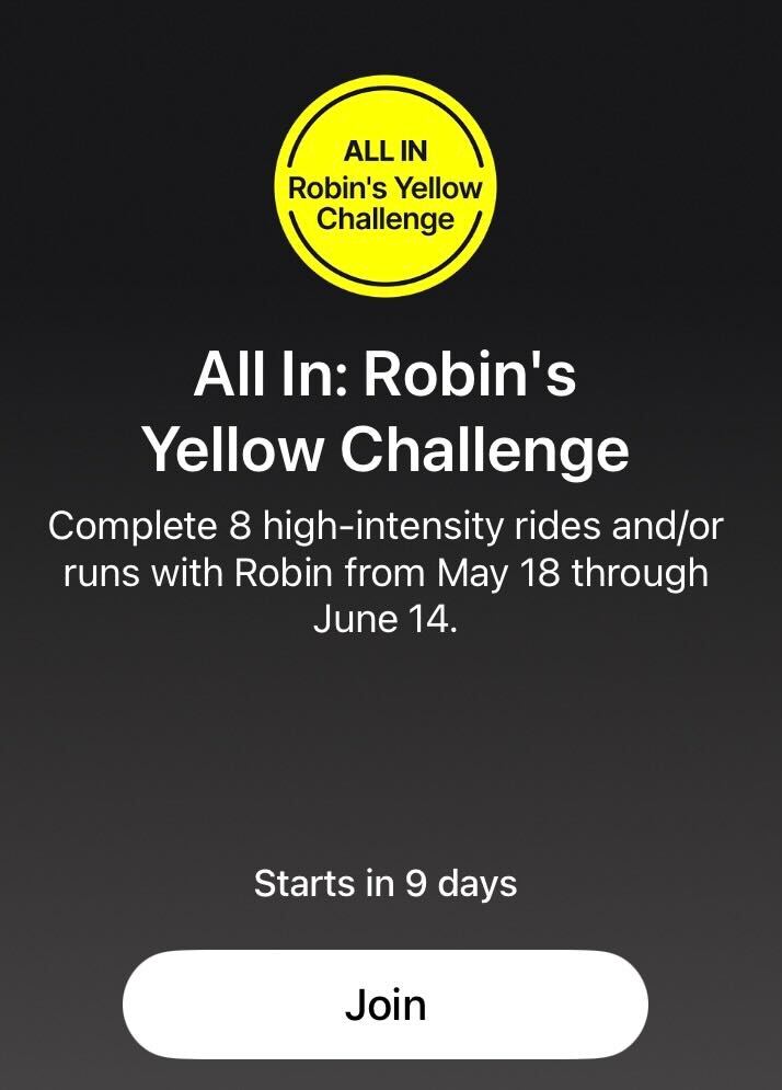 Screenshot of the All In: Robin's Yellow Challenge badge and app details showing the May 18 to June 14 2026 challenge window for Robin's Yellow Challenge