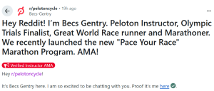 Pace Your Race AMA Reddit Becs Gentry from Peloton Announcement 
