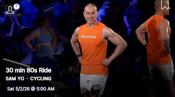 Sam Yo Peloton 80s ride May 2026 movie soundtrack cycling class