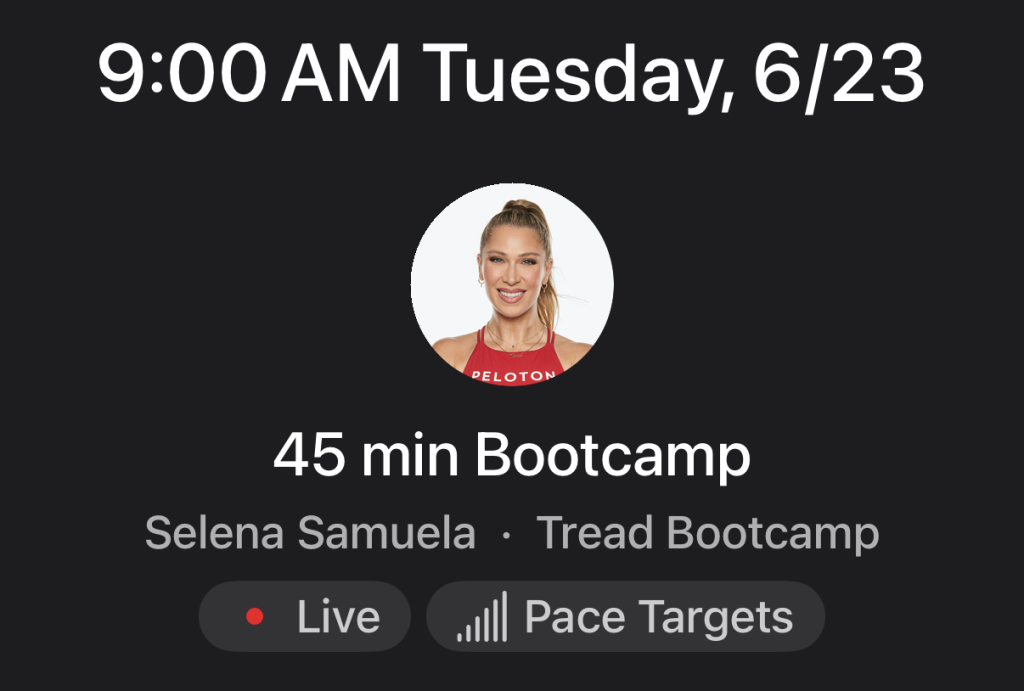 Selena Samuela Tread Bootcamp class listed on the Peloton schedule for Tuesday, June 23 at 9 a.m. ET