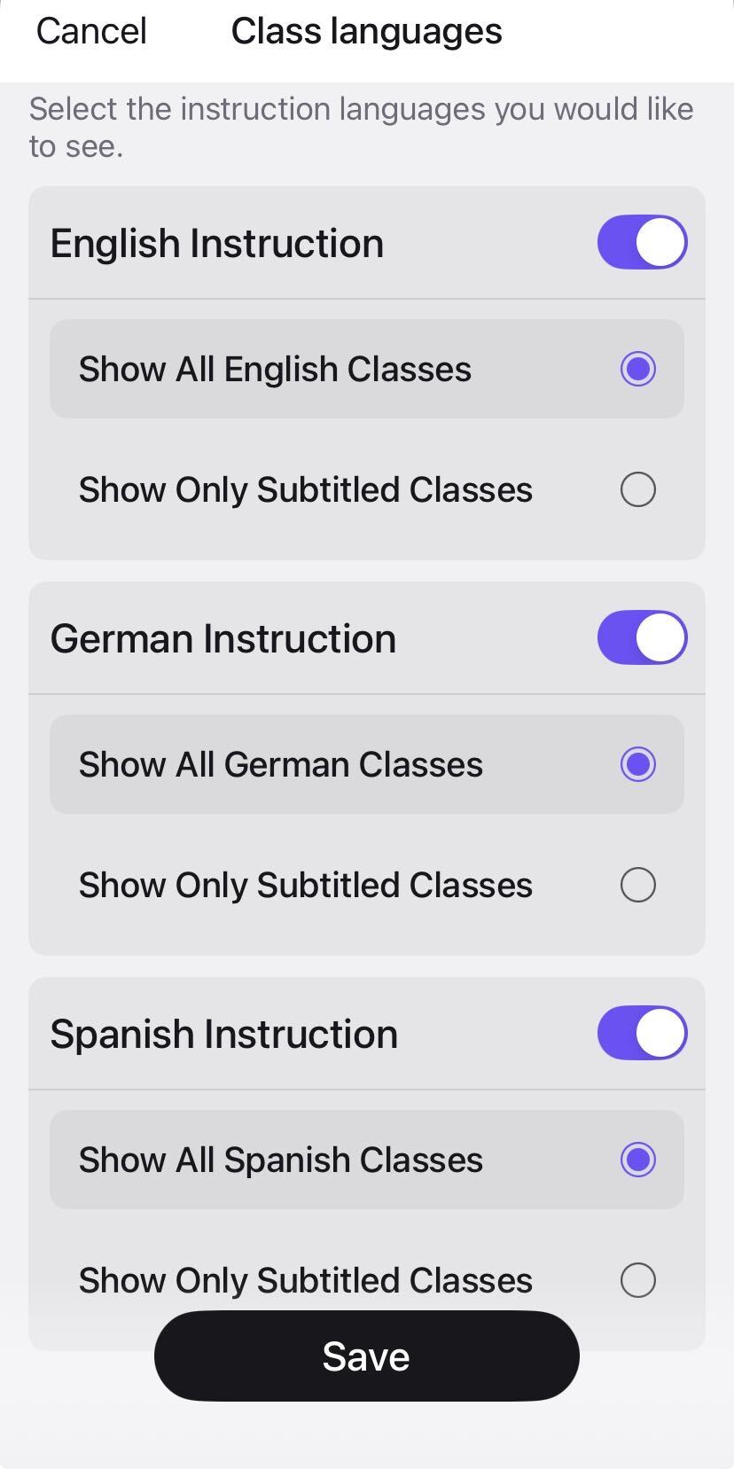 Peloton class language filter screen showing toggle controls for English, German, and Spanish instruction with subtitle options on a mobile device.