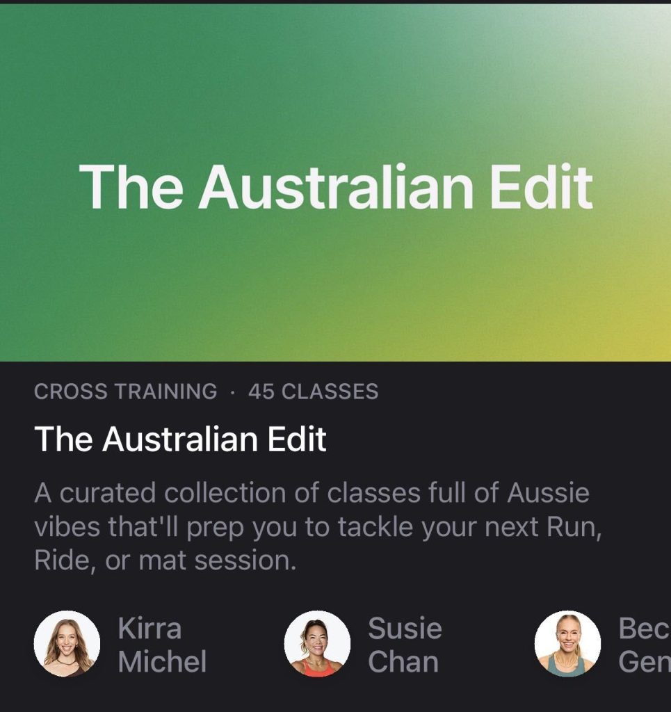 Australian Edit collection on Peloton showing 45 cross training classes with Kirra Michel and Susie Chan