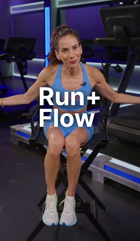 Mariana Fernandez seated in front of Peloton Treads with Run and Flow series title card