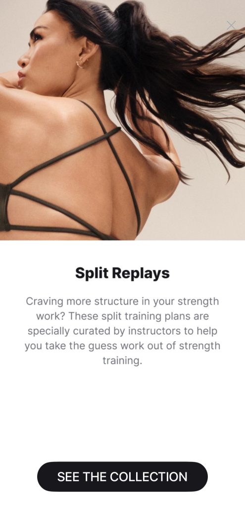 Peloton Split Replays collection banner showing 54 strength classes from six instructors