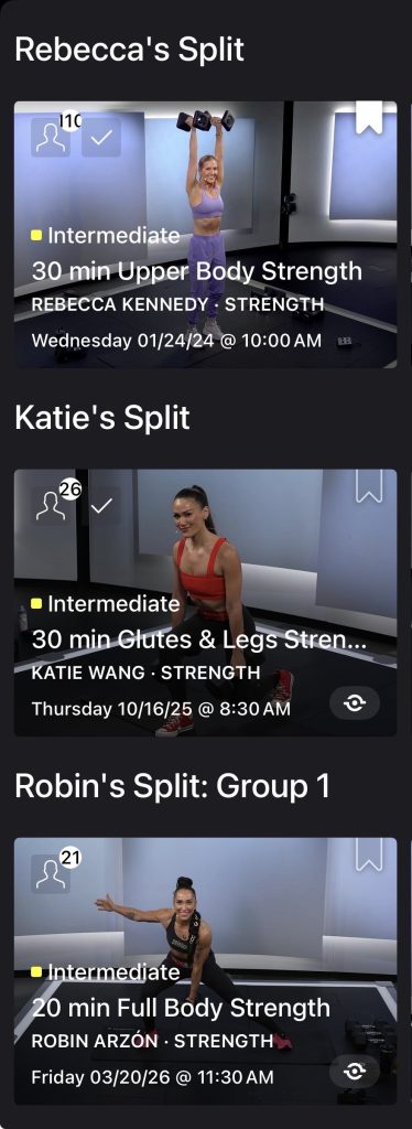Peloton Split Replays instructor breakdown showing Rebecca Kennedy, Katie Wang, and Robin Arzón splits