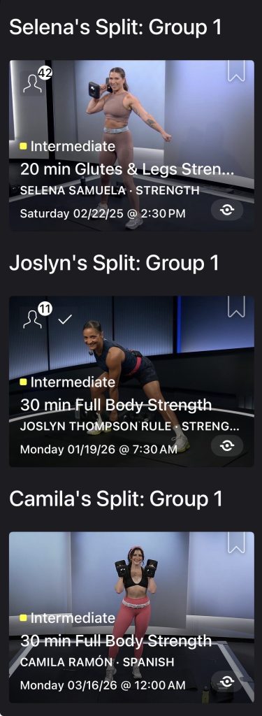 Peloton Split Replays showing Selena Samuela, Joslyn Thompson Rule, and Camila Ramón Group 1 splits