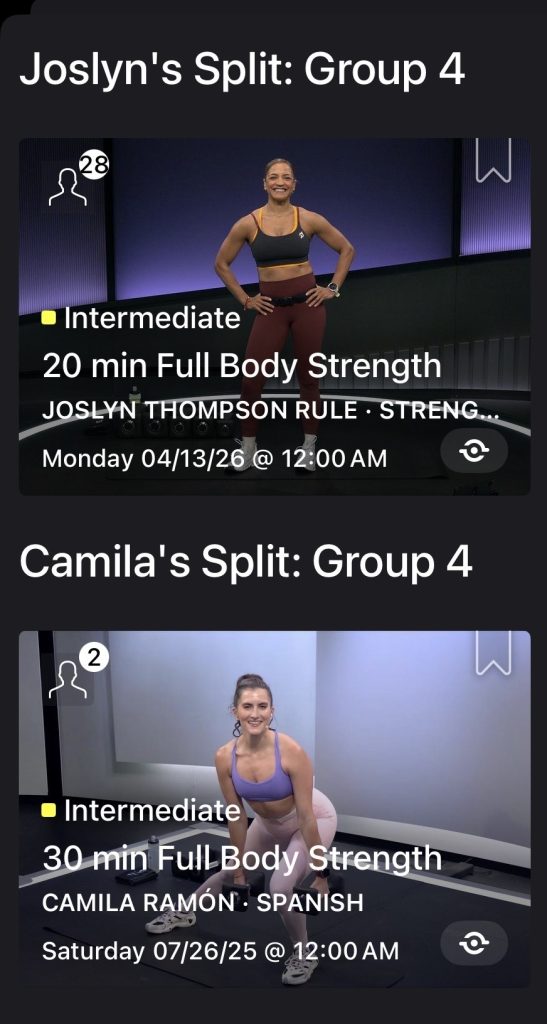 Peloton Split Replays showing Joslyn Thompson Rule Group 4 and Camila Ramón Group 4 splits