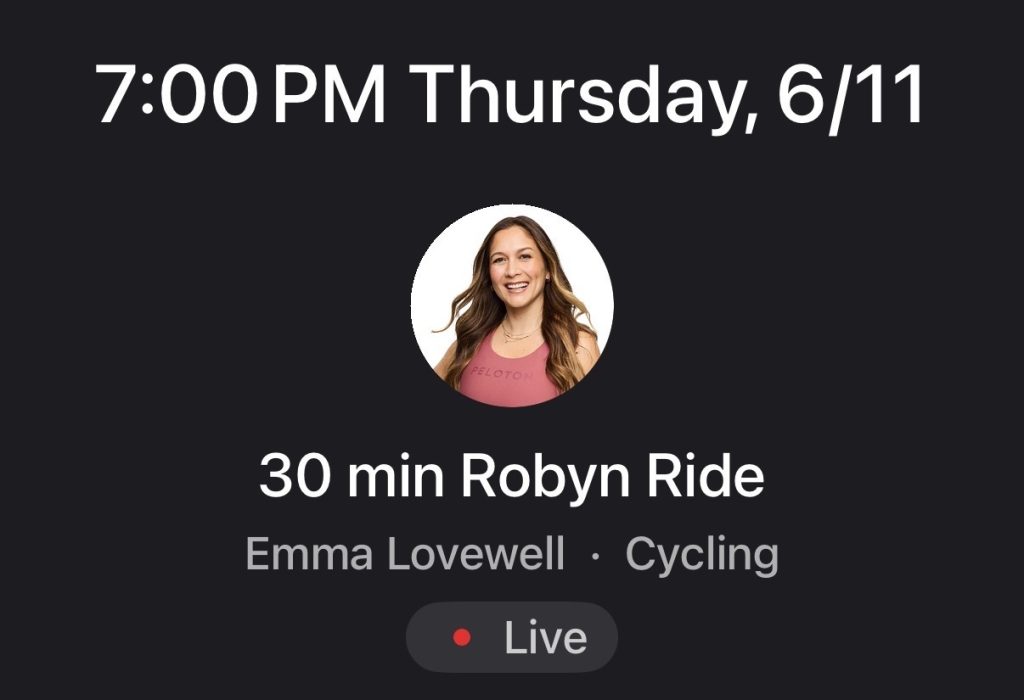 Robyn Artist Series Peloton class lineup for June 11 featuring Greta Dopp, Emma Lovewell, Rebecca Kennedy, Alex Karwoski, Mila Lazar, and Aditi Shah