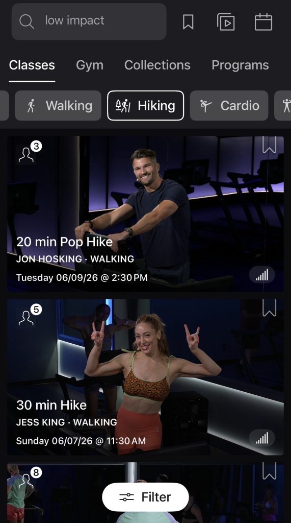 Peloton Hiking classes filter on mobile app showing recent hike classes from Jon Hosking and Jess King