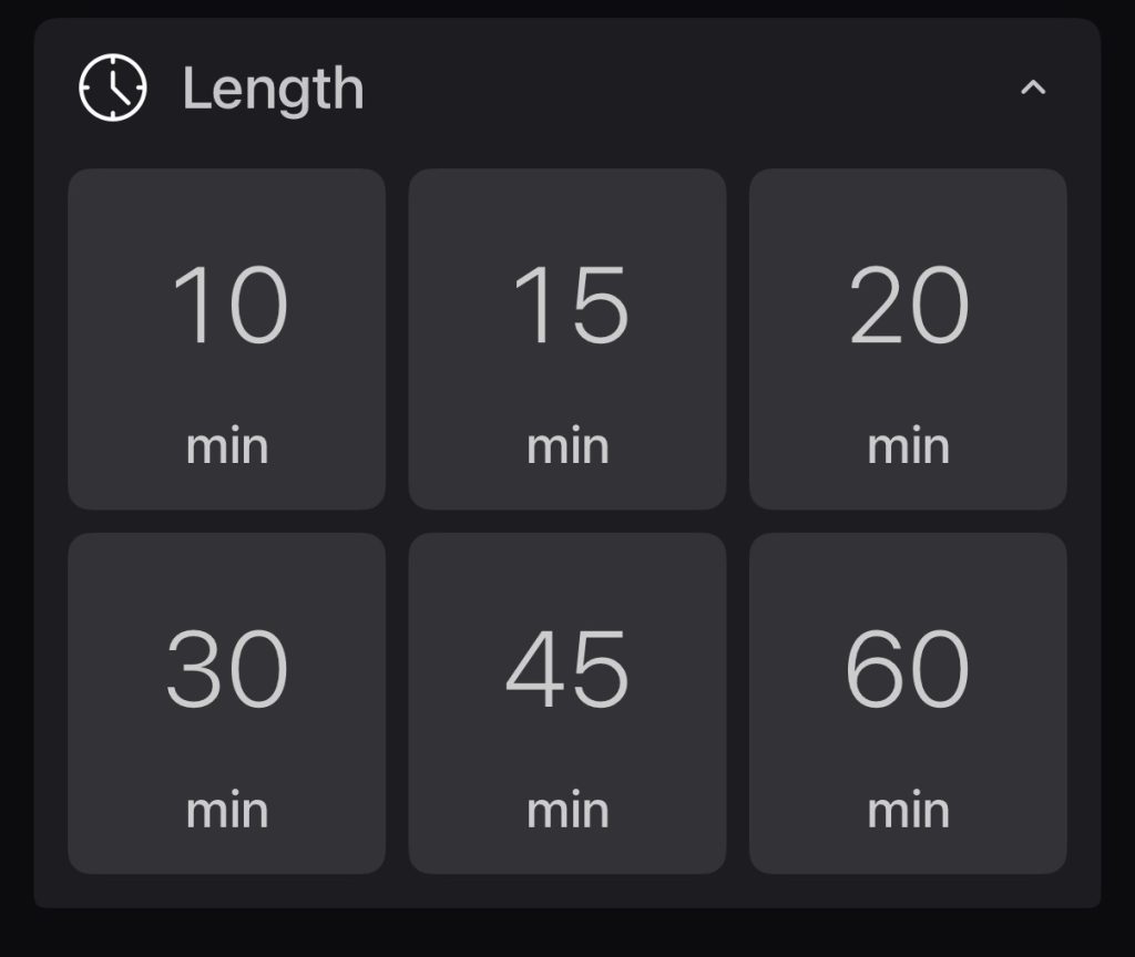 Peloton Hiking classes length filter showing options from 10 to 60 minutes