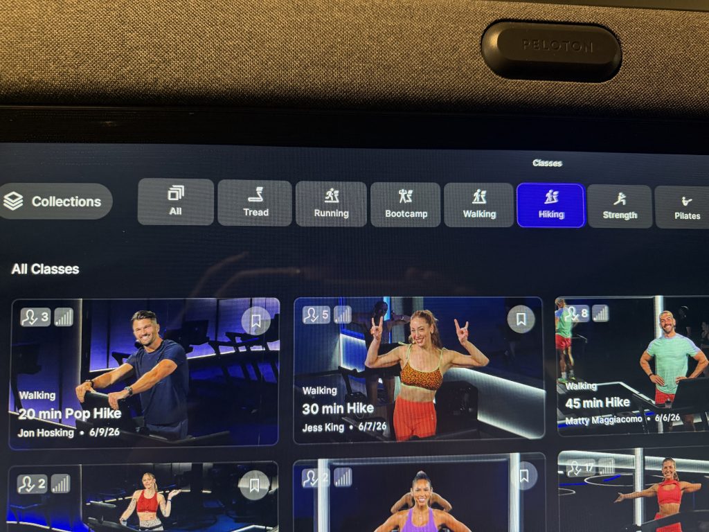 Peloton Hiking classes tab on the Tread screen showing dedicated category navigation