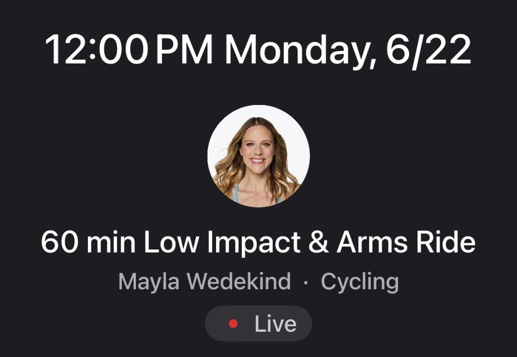 Peloton Low Impact & Arms collection description showing 6 cycling classes for all fitness levels - Mayla's upcoming class