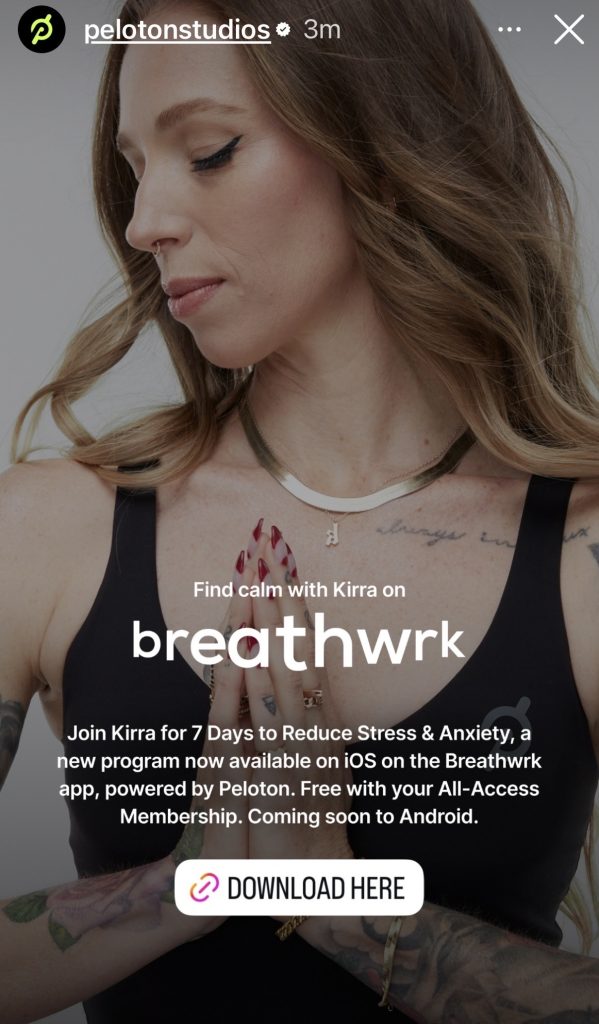 Kirra Michel promoting her 7 Days to Release Stress program on the Breathwrk app powered by Peloton