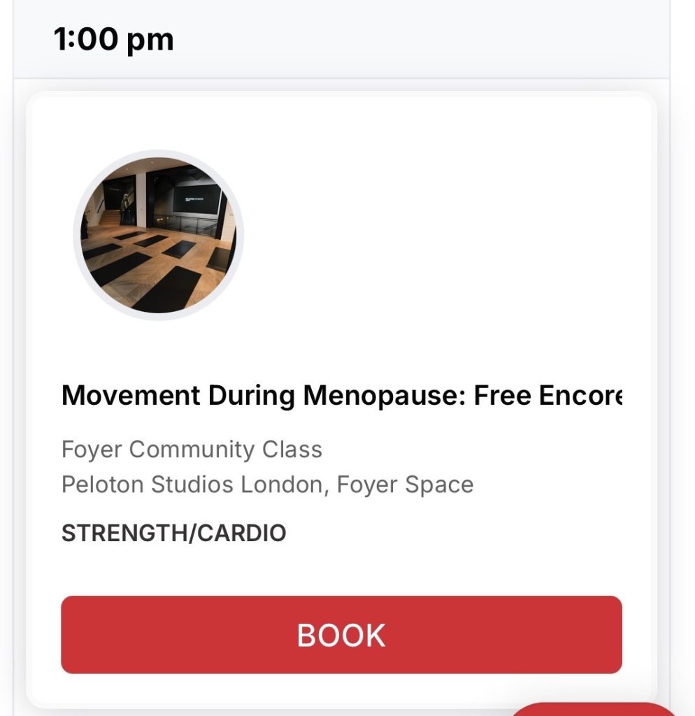 Peloton Studios London foyer space strength class booking for the June 28 menopause event
