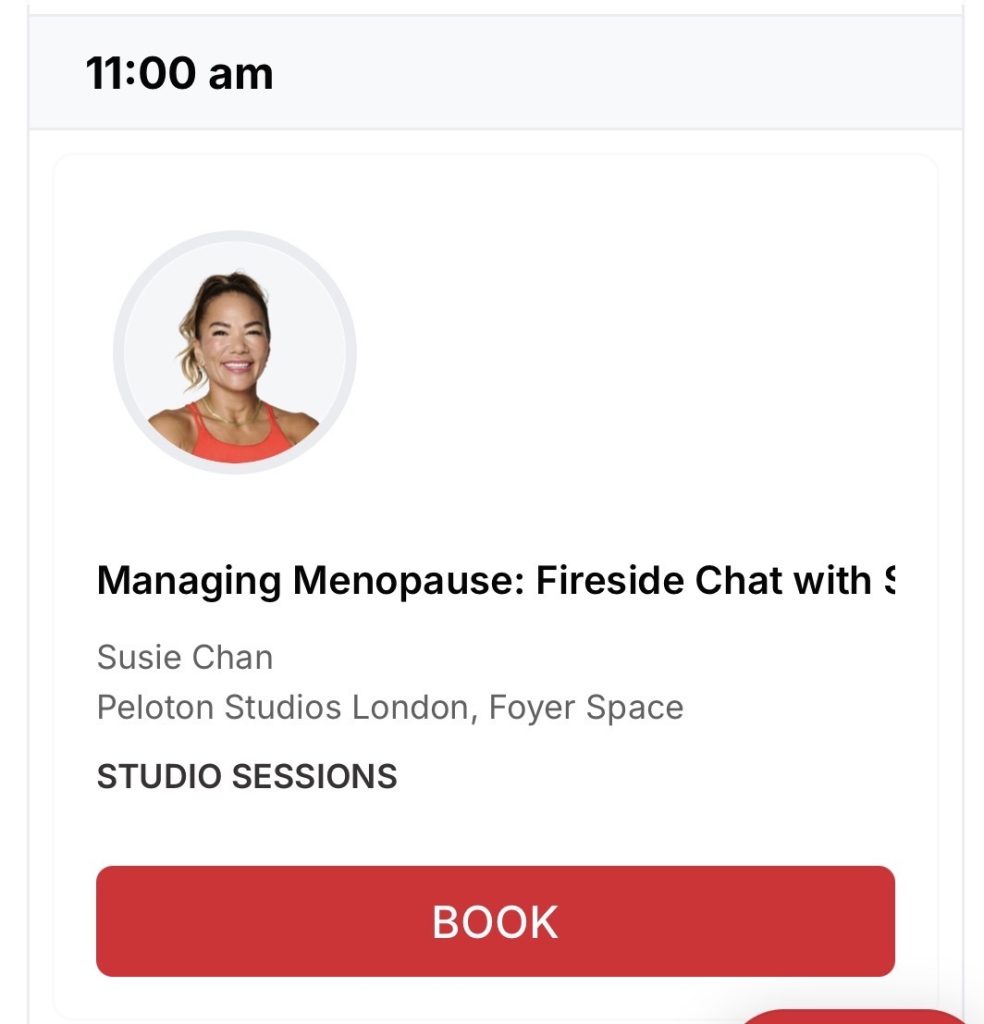 Managing Menopause fireside chat event listing with Susie Chan and Dr Juliet McGrattan at Peloton Studios London