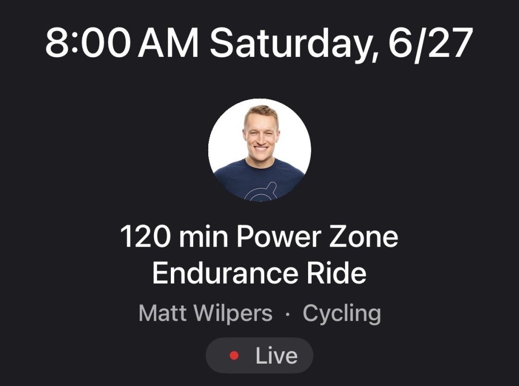 Matt Wilpers 120-minute Power Zone Endurance Ride scheduled for June 27 at 8:00 AM