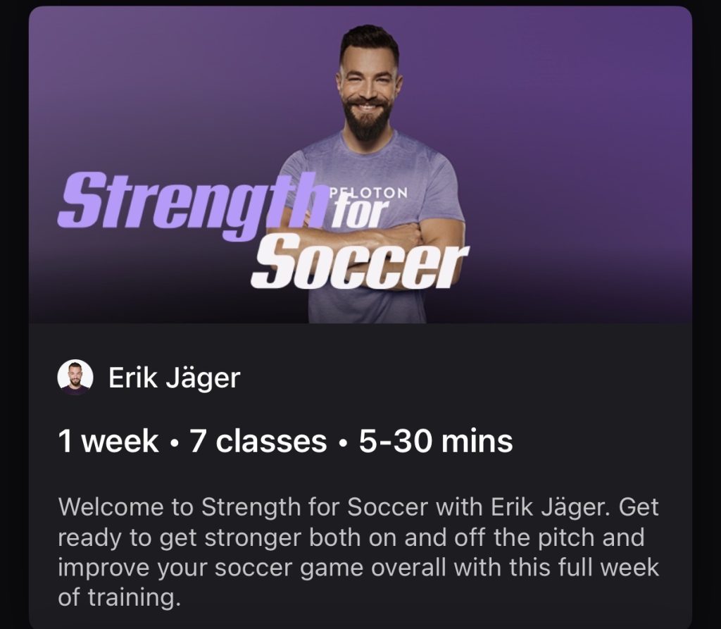 Peloton Strength for Soccer program card featuring Erik Jäger on a purple background