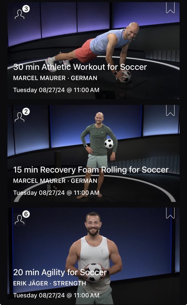 Peloton app screenshot showing Marcel Maurer Strength for Soccer classes including Stability Workout and Warm Up for Soccer and showing Erik Jäger Strength for Soccer classes including Full Body Strength and Agility for Soccer