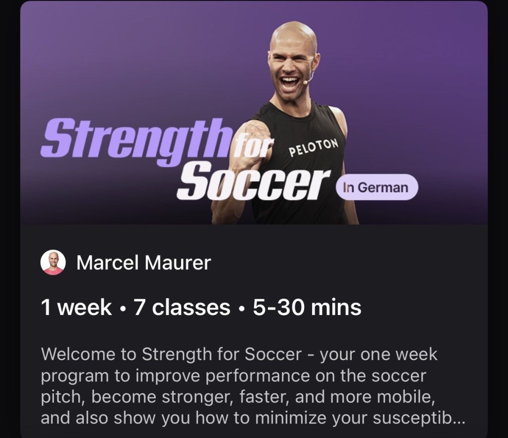 Peloton Strength for Soccer program card featuring Marcel Maurer on a purple background