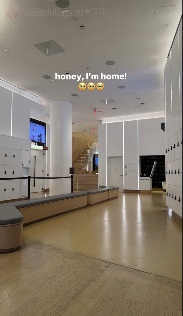 Callie Gullickson Instagram Story from inside Peloton Studios New York lobby on her first day back from maternity leave captioned honey I'm home