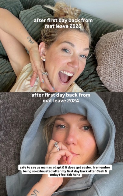Callie Gullickson side by side comparison of her first day back from maternity leave in 2024 versus 2026