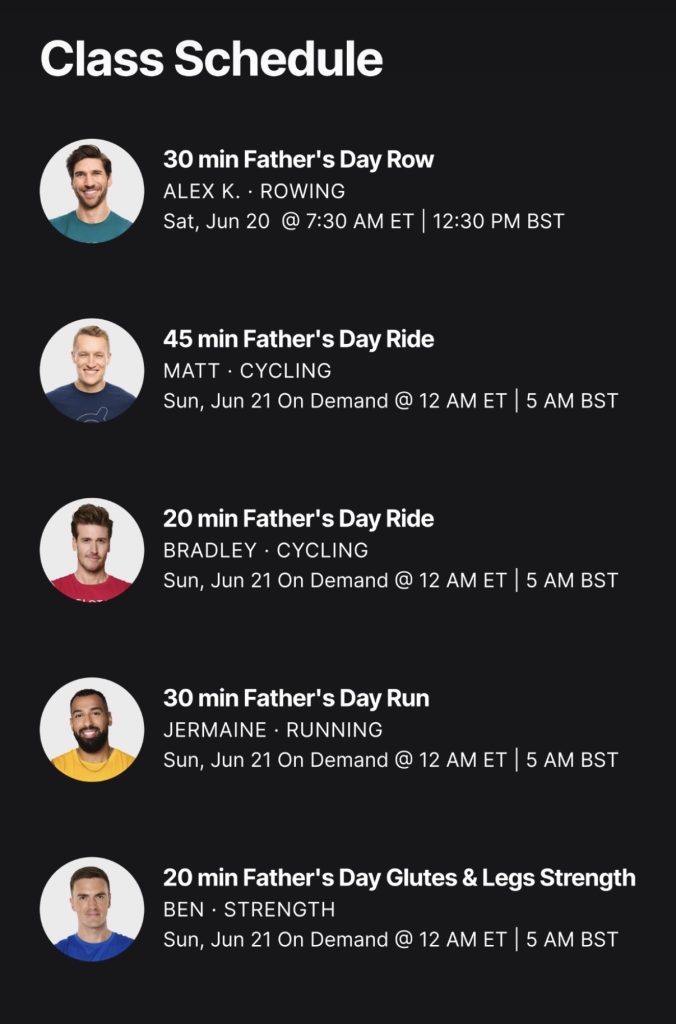Peloton Father's Day classes 2026 schedule featuring Alex Karwoski Jermaine Johnson Matt Wilpers Bradley Rose and Ben Alldis