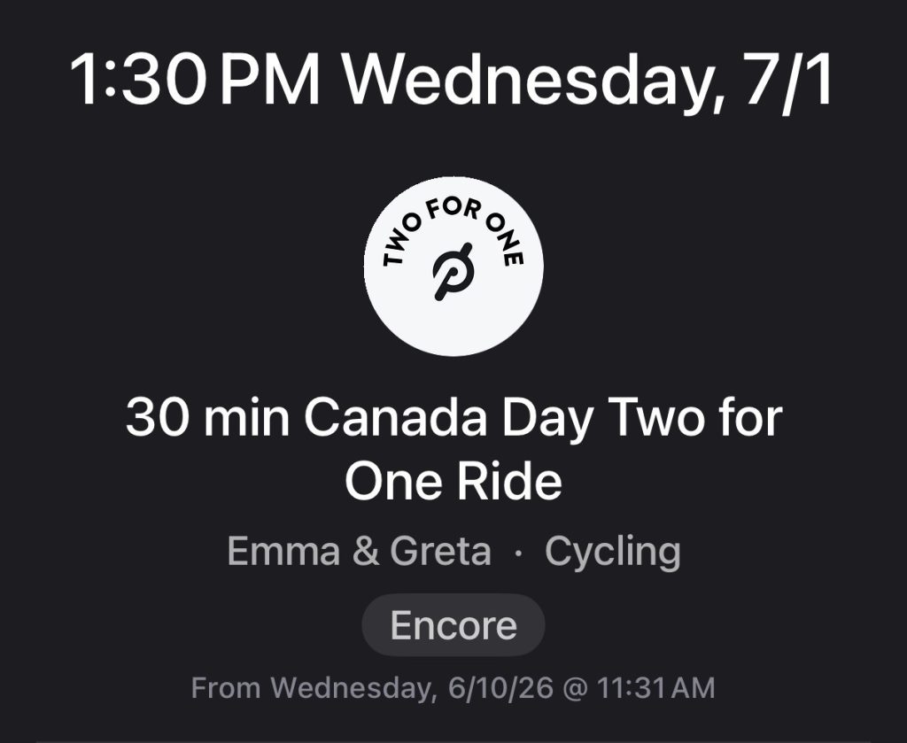 Peloton Canada Day ride with Emma Lovewell and Greta Dopp Two for One cycling class July 2026