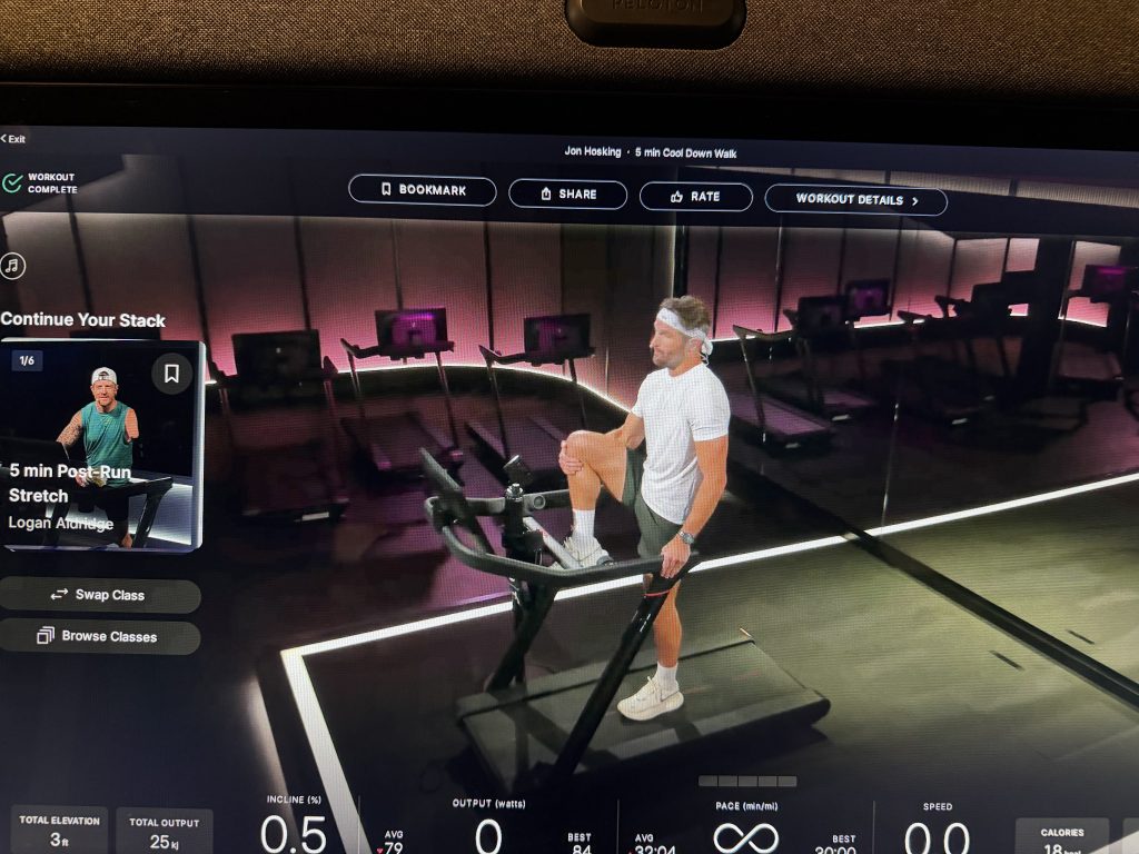 Peloton Stack feature panel showing Swap Class and Browse Classes buttons on post-class screen