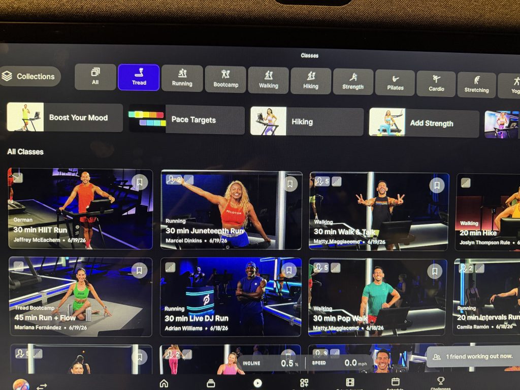 Peloton class library showing Tread filters after tapping Browse Classes