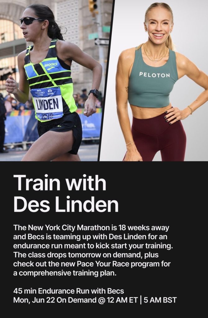 Peloton instructor Becs Gentry and marathon runner Des Linden promote a new class to train with Des Linden