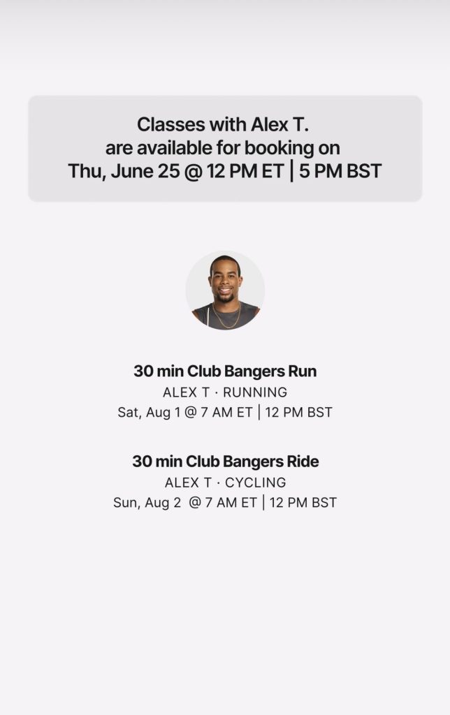 Alex Toussaint Club Bangers class schedule for Peloton Studios New York instructors visit to PSL August 1 and 2
