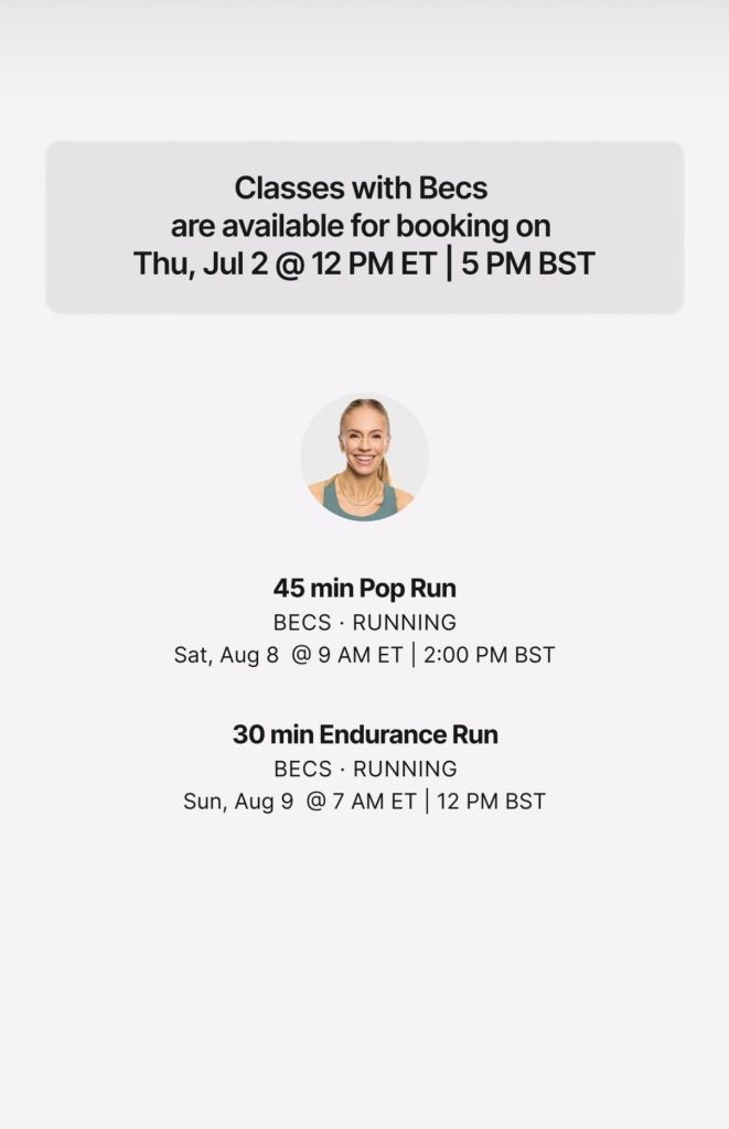 Becs Gentry running class schedule for Peloton Studios New York instructors visit to PSL August 8 and 9