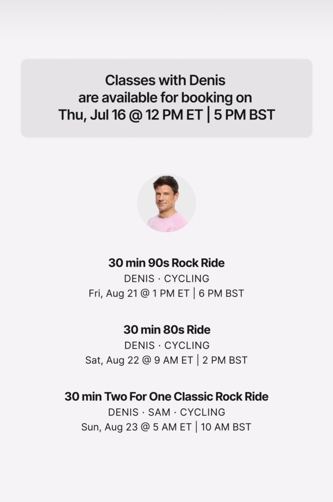 Denis Morton cycling class schedule for Peloton Studios New York instructors visit to PSL August 21 through 23